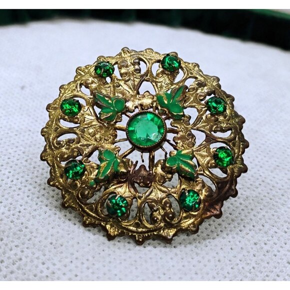 Artisan Jewelry - Vintage Gold-Tone Filigree Brooch With Green Rhinestones & Clover Motif 1.5"